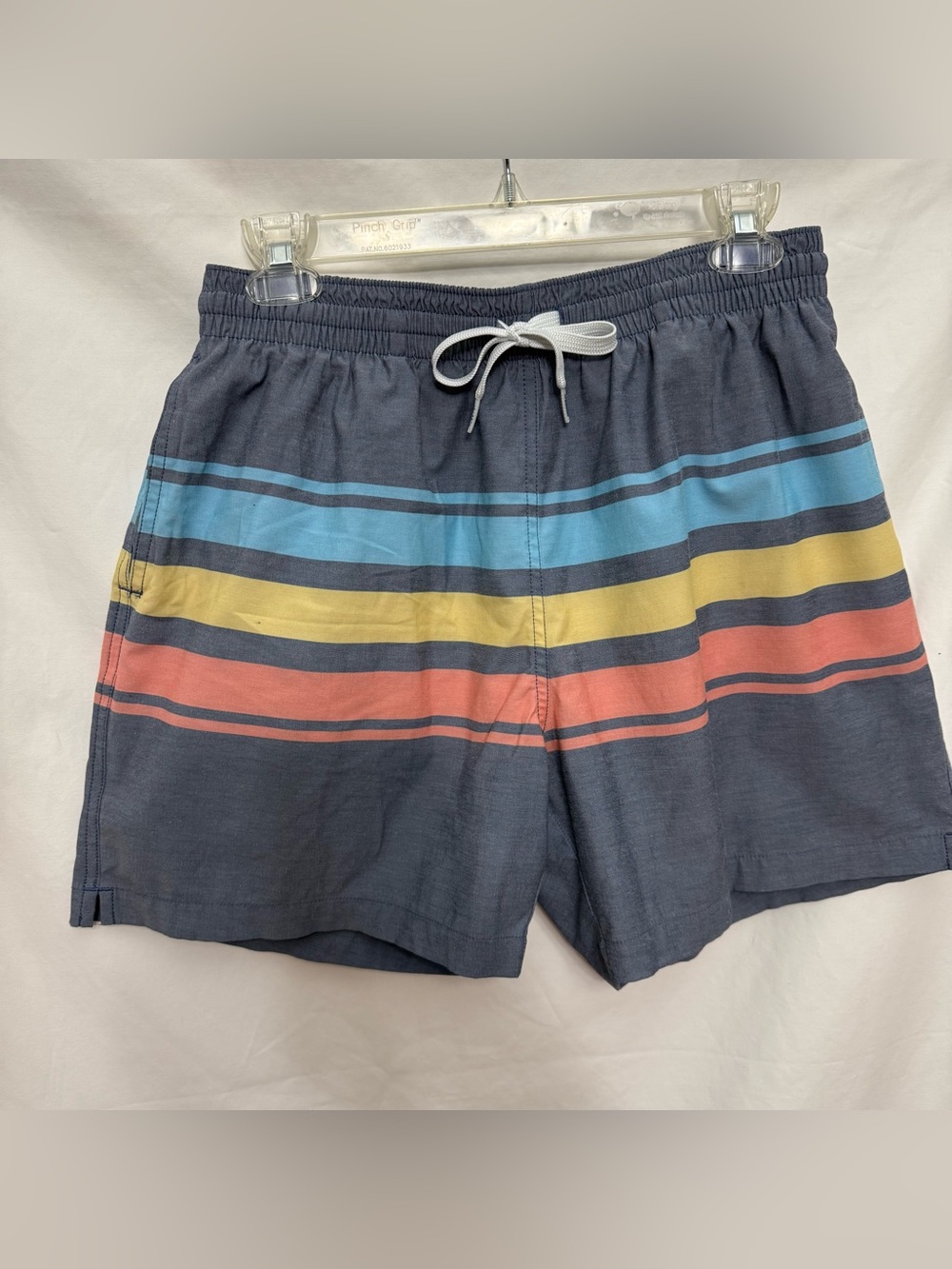 Men's Chubbies Striped Swim Shorts in Dark Grey w/ Blue/Yellow/Coral Stripes, L